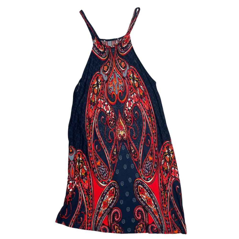 Navy Blue Red Orange Paisley Summer Tunic Dress Spaghetti Strap, Small/Med